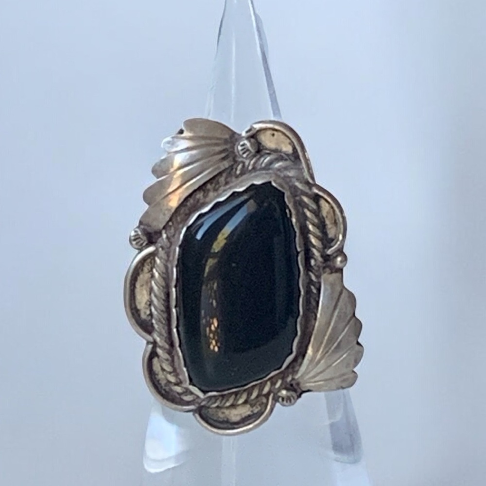 Signed PLATERO Native American Navajo Black Onyx Sterling Silver Ring Jewelry - Picture 3 of 9